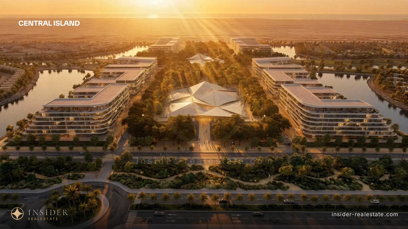 Центральный остров Mira Hills на закате, вид с воздуха