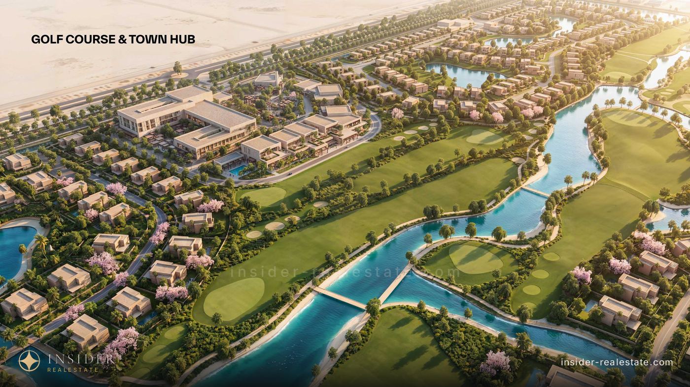 Панорама гольф-поля Mira Hills и городского центра с воздуха