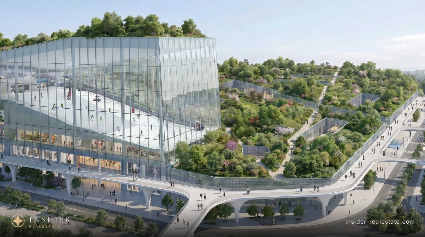 Стеклянный корпус торгового центра Mira Hills с зелёной кровлей