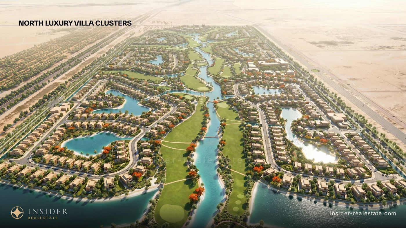 Кварталы вилл в северной зоне Mira Hills среди каналов, вид сверху