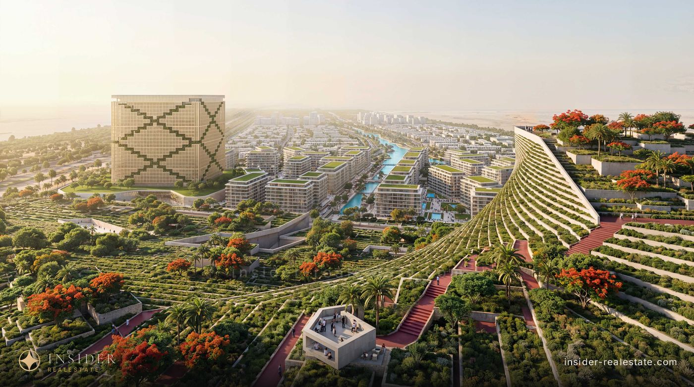Аэрорендер застройки Mira Hills: террасированные сады, каналы и башня The Cube
