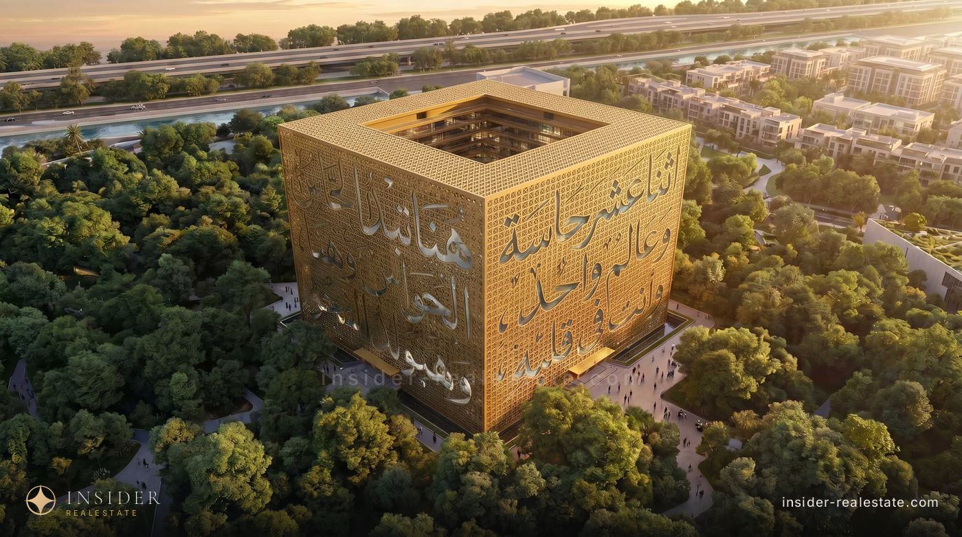 The Cube — кубический офисный корпус с арабской вязью на фасаде среди зелени