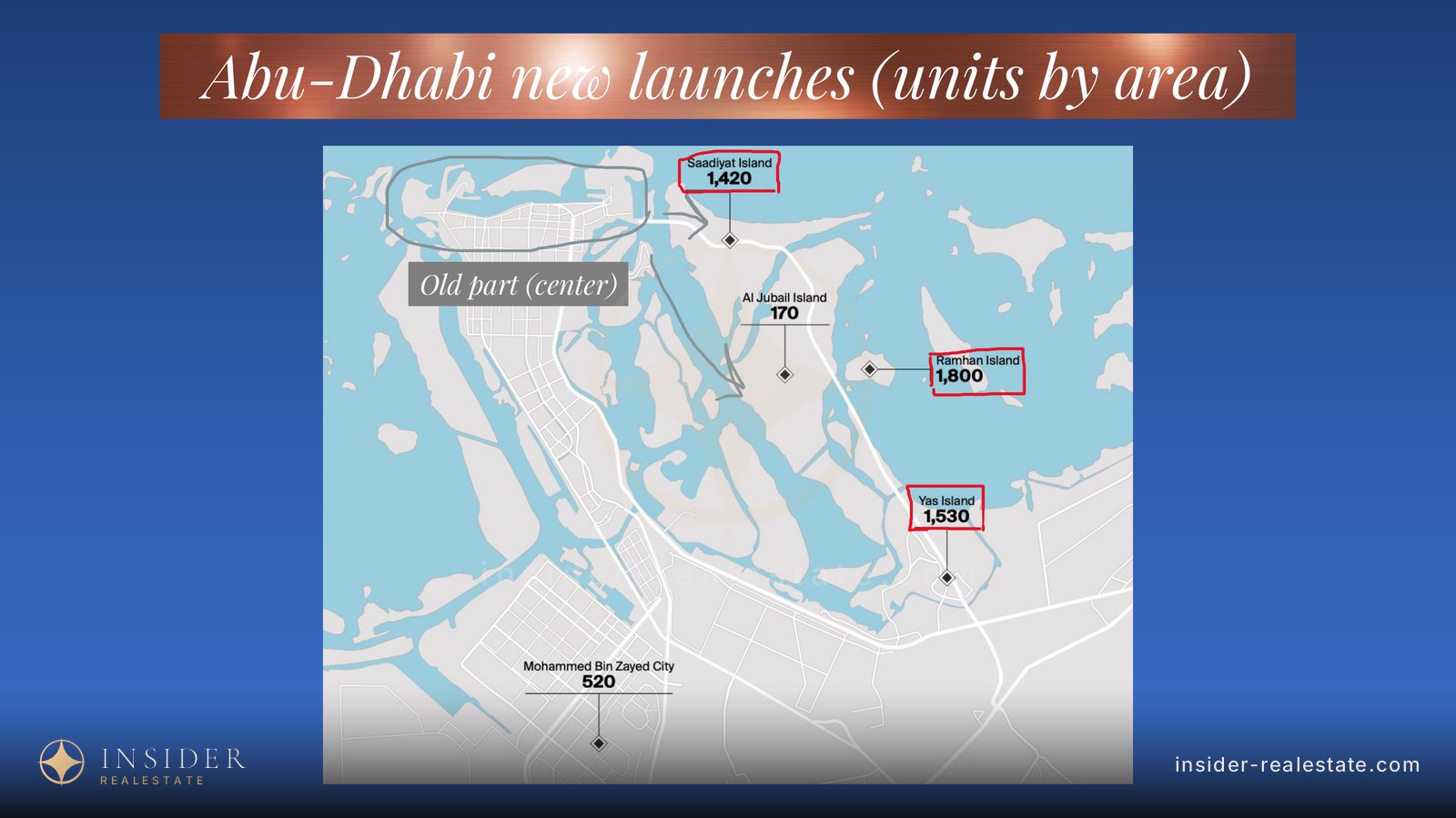 Map of Abu Dhabi with unit counts for new launches by location