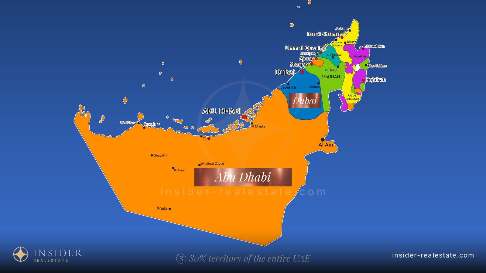 Political map of the UAE with the emirate of Abu Dhabi highlighted