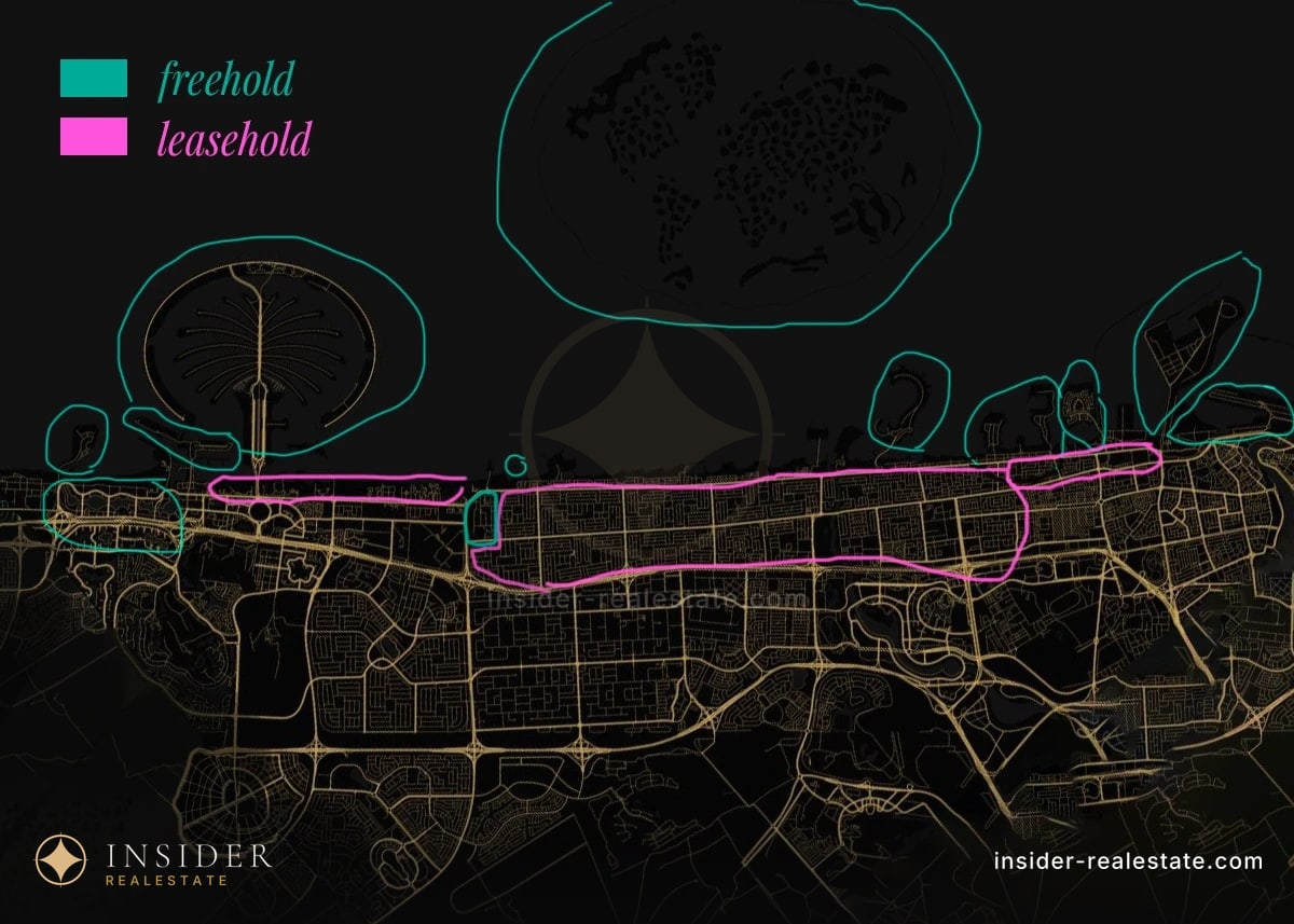 Map of the Dubai coast: freehold zones outlined in teal, leasehold in magenta