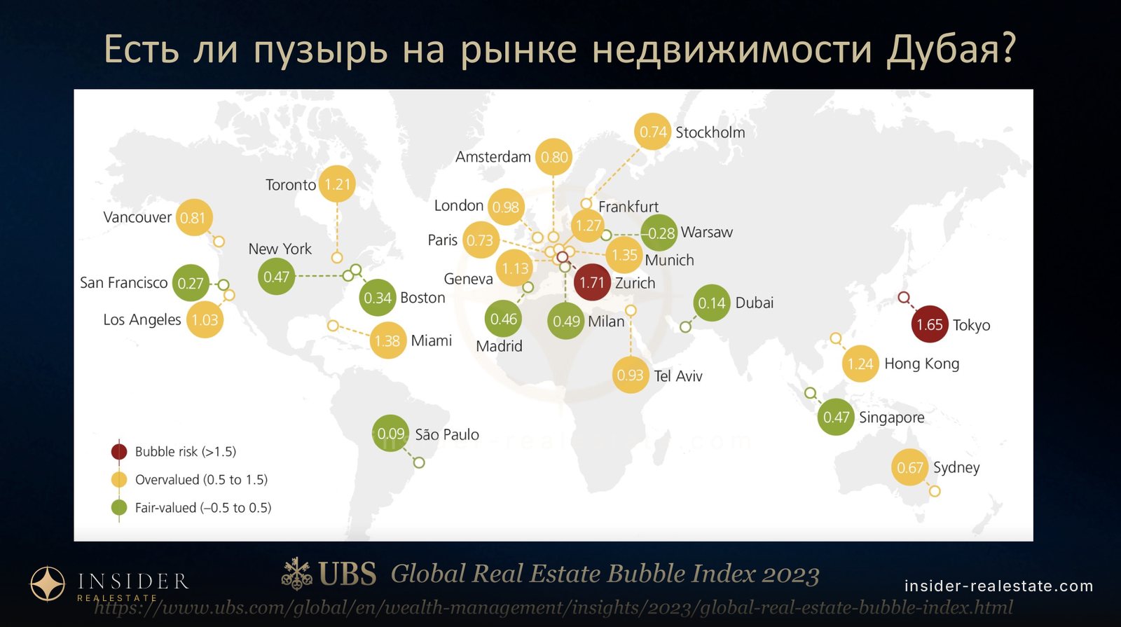 Карта мира с индексом пузыря на рынках недвижимости по версии UBS